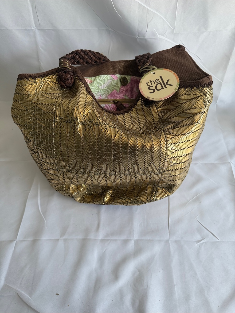 The Sak Metallic Gold Tote with Brown Braided Handles